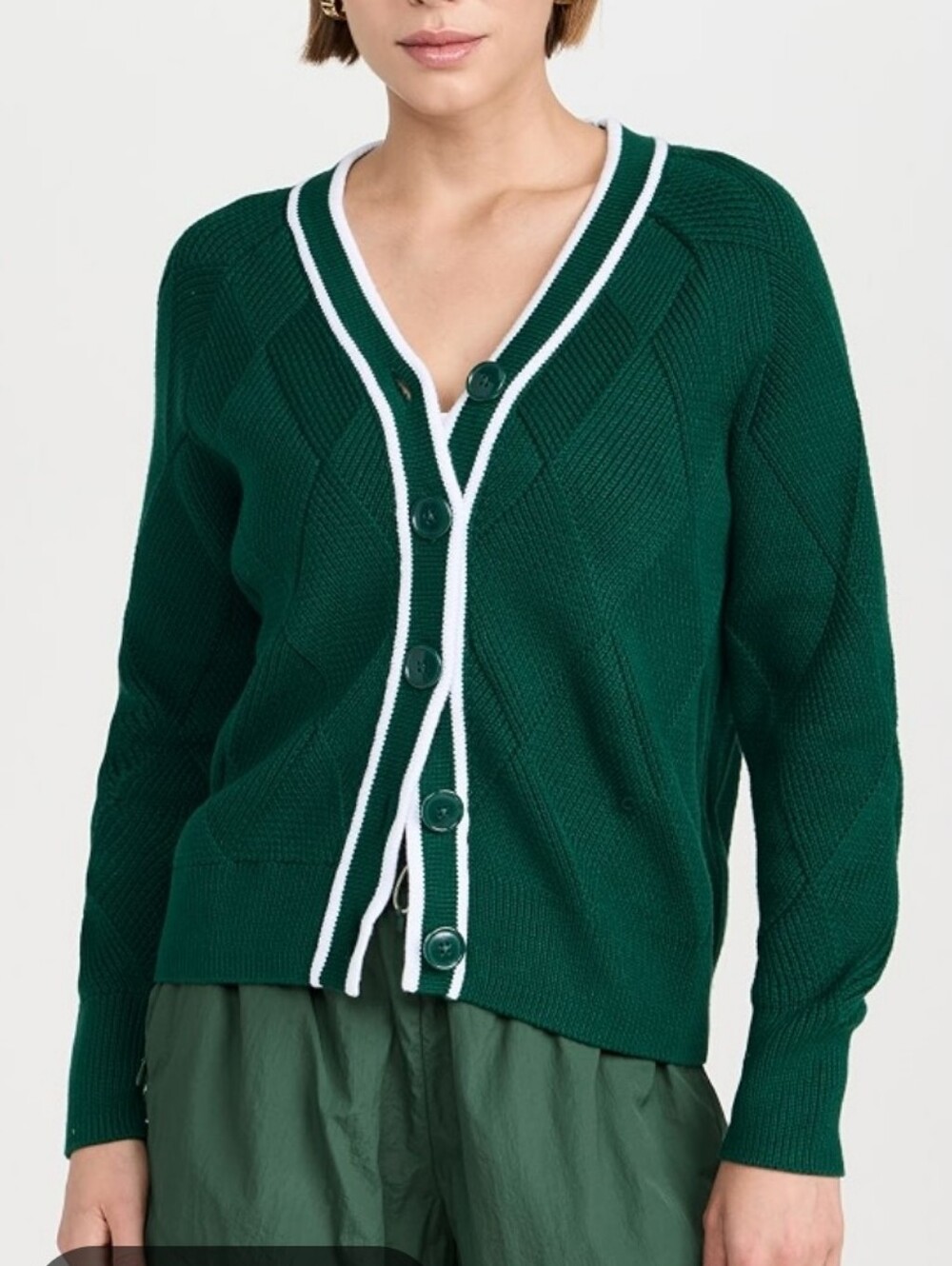 Varley Dark Green V-Neck Button Cardigan with White Trim
